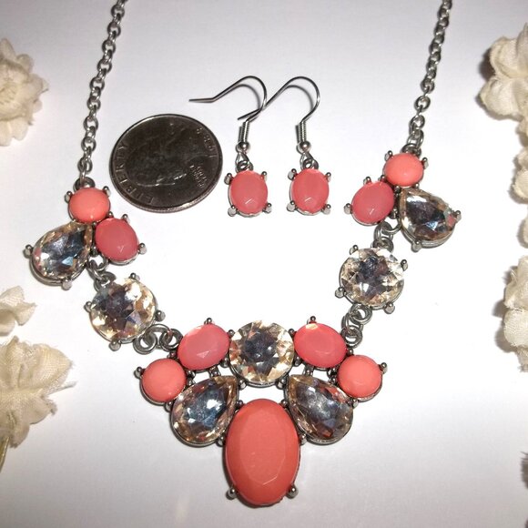 Peach Rhinestone Necklace Earring Set Fancy Glamorous Fashion Jewelry Lot C732 - Picture 2 of 5